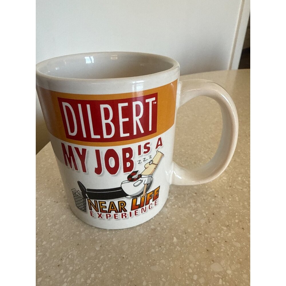 Dilbert Comic Mug "My Job Is A Near Life Experience" White & Orange Ceramic Coff